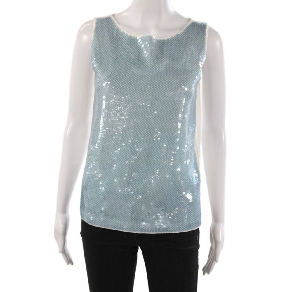 Prada Womens Blue Cotton Sleeveless Round Neck Basic Sequin Tank Size S
